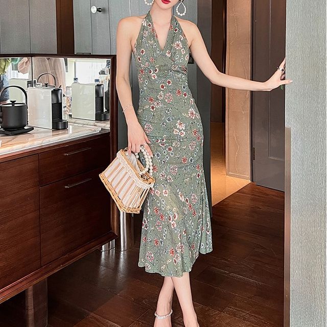 slim fit dress slacks Mint 3D Floral Rose Print Halter Neck Mini Dress