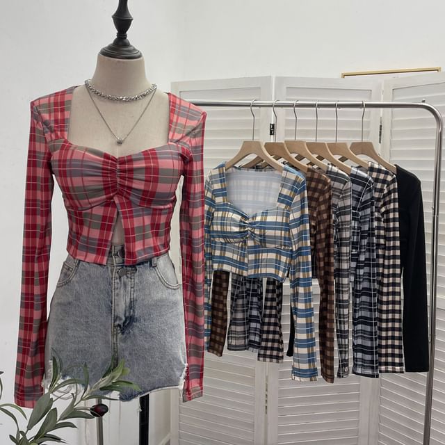 Allinya-Long-Sleeve Square Neck Plaid Shirred Slit Top