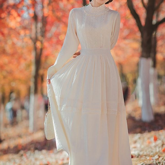 Mock Neck Long Sleeve White Lace Midi Dress Nebbia Long-Sleeve Mock-Neck  Lace Panel Midi