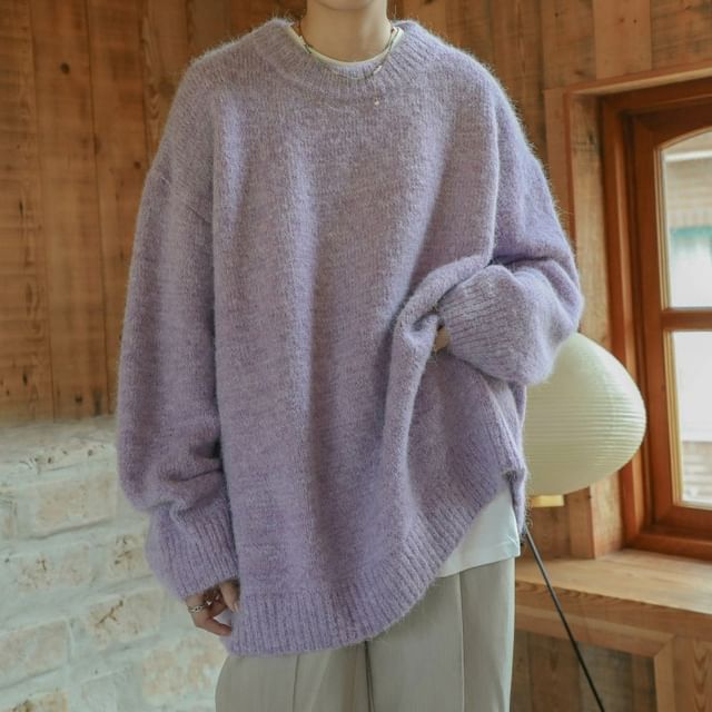 Freehop-Crew Neck Plain Oversized Sweater