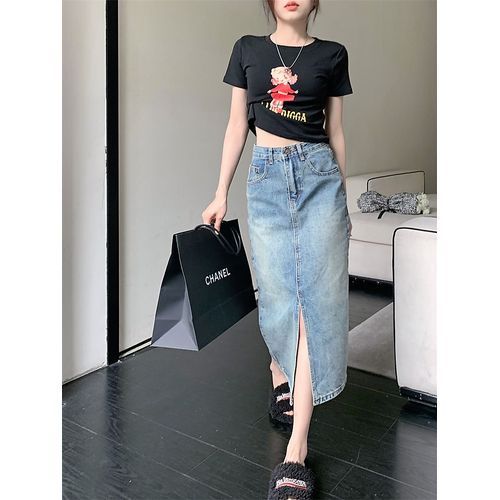 Women A Line Denim Skirt Elastic High Waist Midi Jeans Dress Preppy Style  Chic | eBay