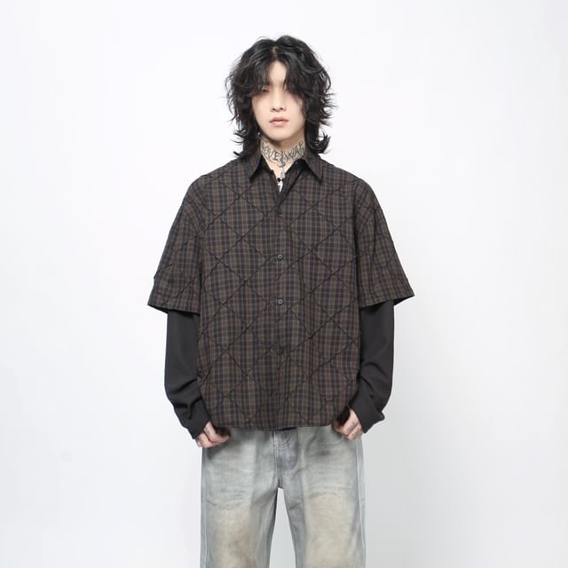 Derbundy-Mock Two-Piece Long-Sleeve Plaid Panel Shirt