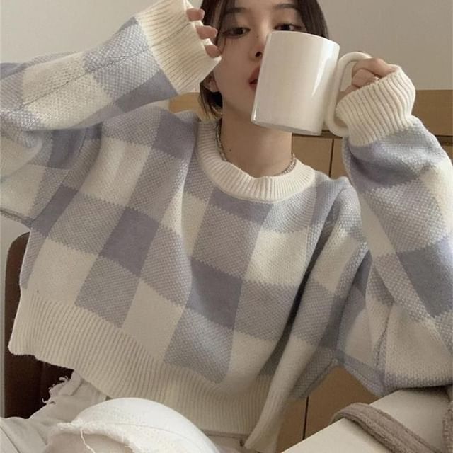 Fabricino-Crew Neck Plaid Crop Sweater