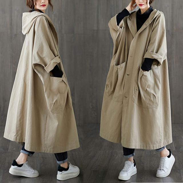 Supernova-Plain Hooded Button-Up Long Trench Coat
