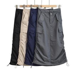 Sundine Drawstring Waist Plain Maxi A Line Cargo Skirt