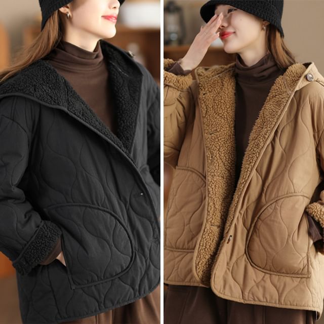 Supernova-Plain Hooded Quilted Fleece-Lined Button-Up Jacket
