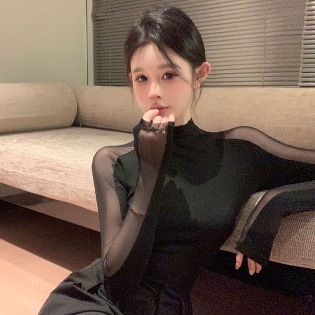 Metonymph-Long-Sleeve Mock Neck Mesh Top