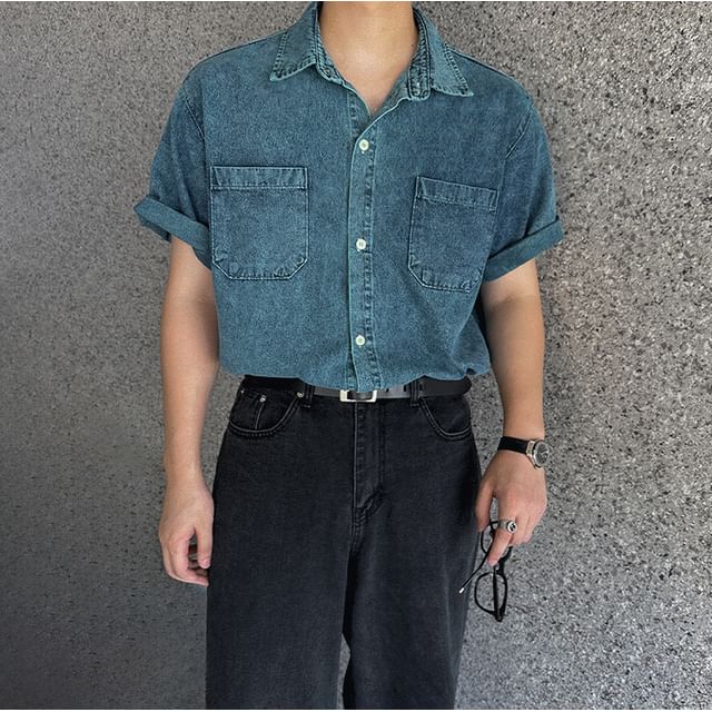 Omozando-Short-Sleeve Washed Button-Up Denim Shirt