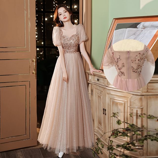 Yoanva - Puff-Sleeve Sequin Midi A-Line Cocktail Dress / A-Line Evening Gown  | YesStyle