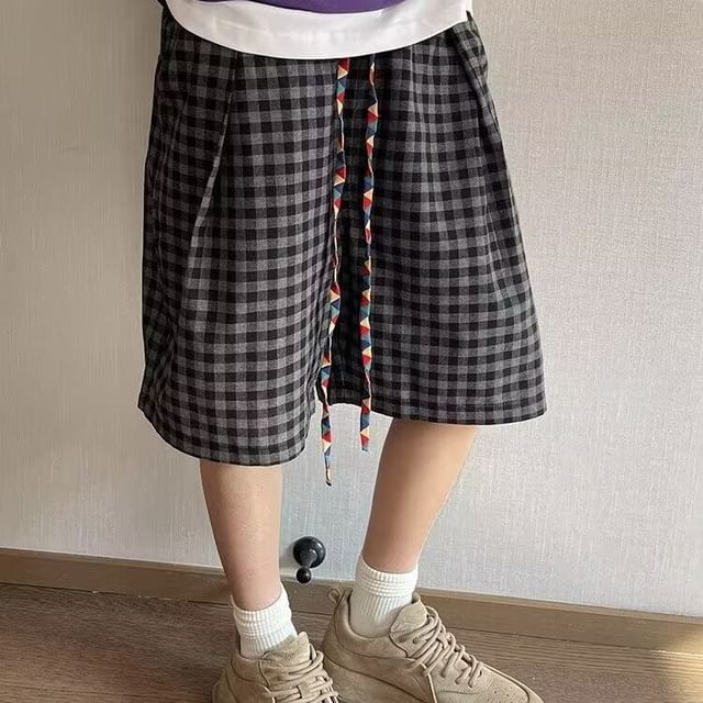 Sinlarity-Drawstring Waist Gingham Wide Leg Shorts