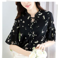 Fancy Show - Bell Sleeve Tie-Neck Frill Trim Floral Print Chiffon Blouse