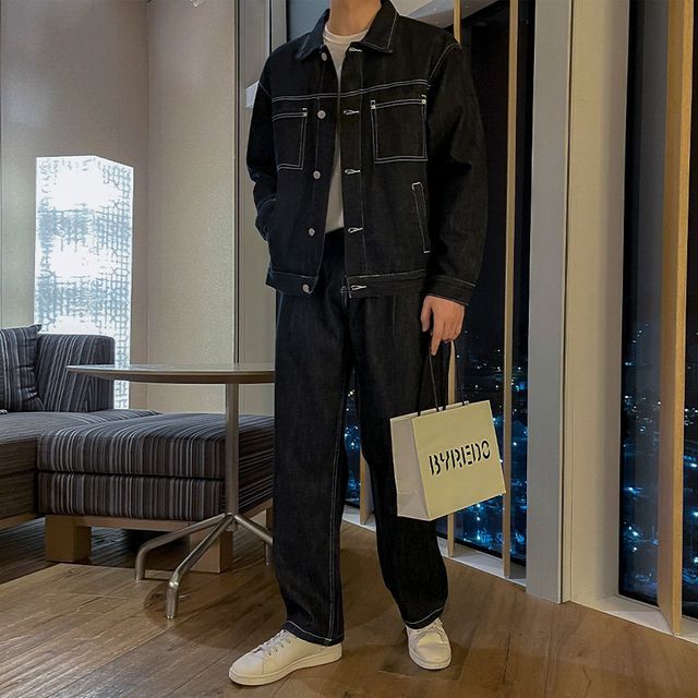 MRCYC-Collared Pocketed Button-Up Denim Jacket High Waist Straight Leg Jeans