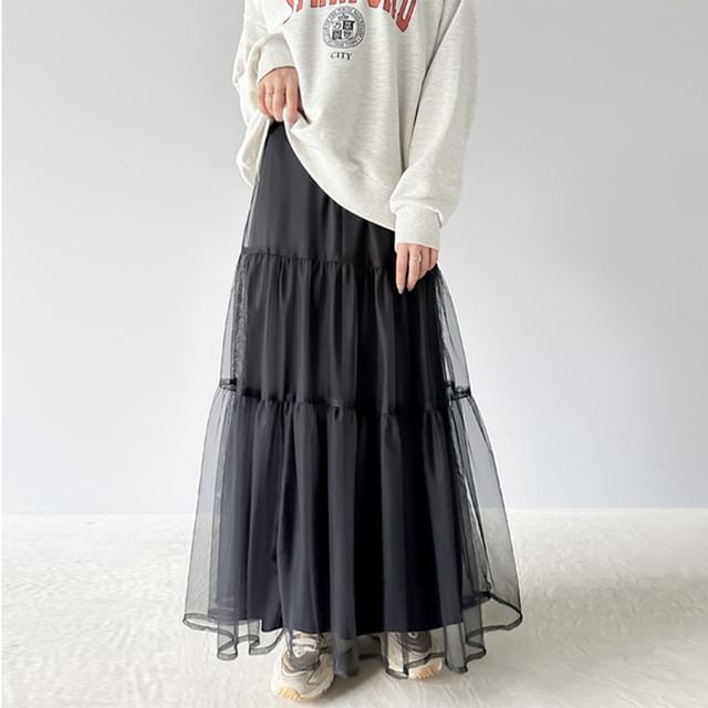 Lexama-High Waist Plain Mesh Panel Maxi A-Line Skirt