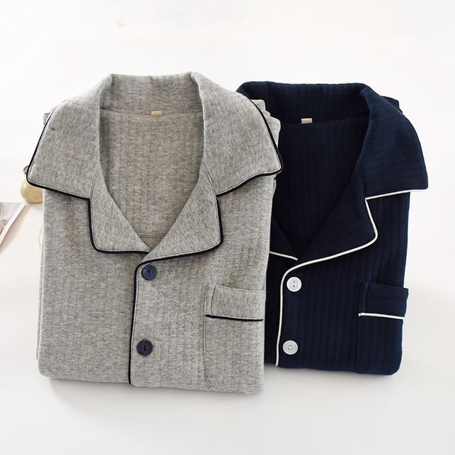 Dogini-Pajama Set Long-Sleeve Button-Up Plain Top Pants