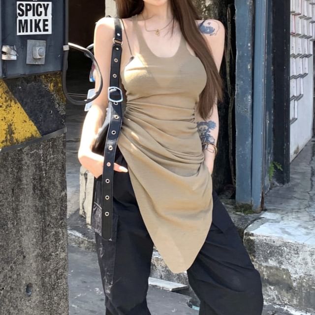Metonymph-Sleeveless U-Neck Asymmetrical Plain Top