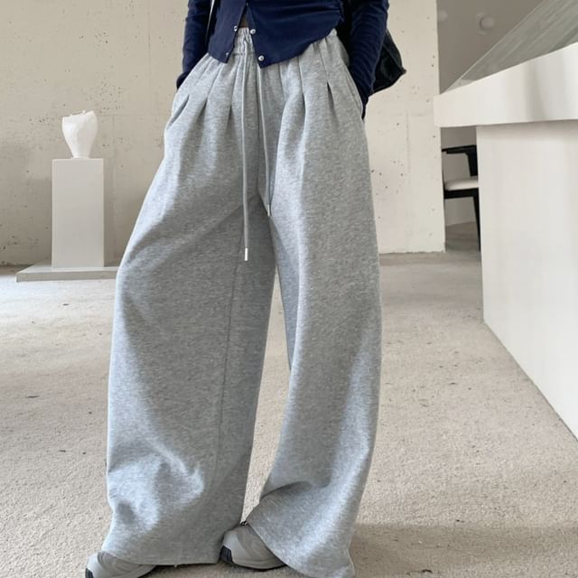Beem-Drawstring Waist Plain Baggy Sweatpants