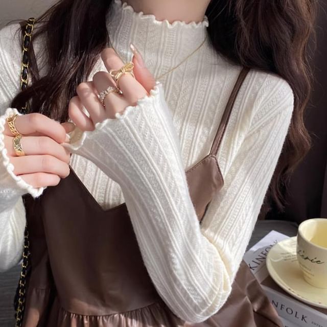 Hevnir-Long-Sleeve Mock Neck Plain Lettuce Edge Knit Top