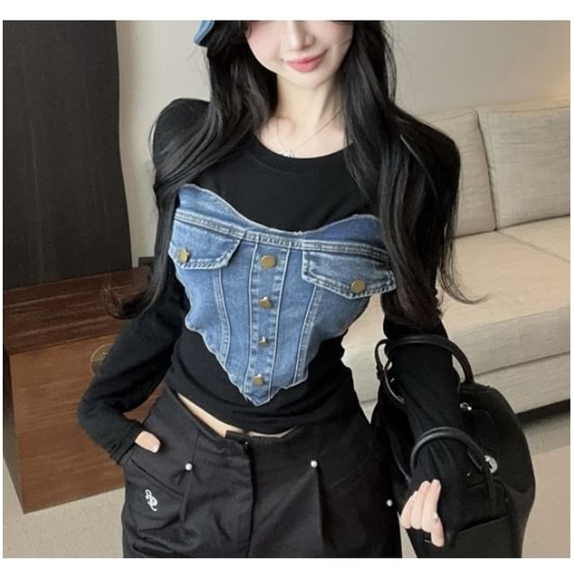 Whoosh-Long Sleeve Round Neck Denim Panel Crop Tee