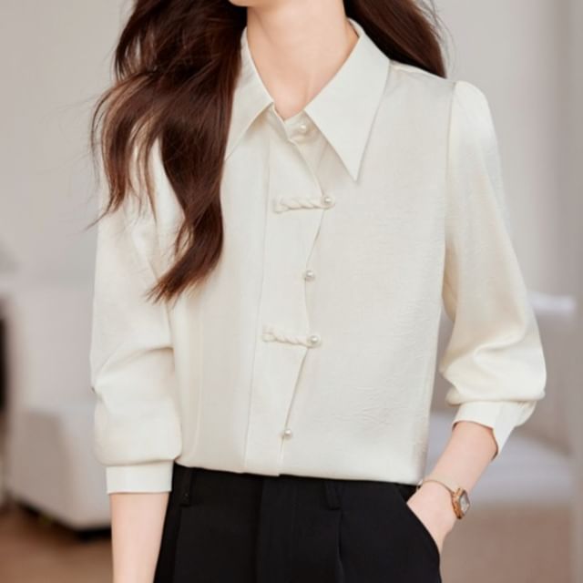 Dragan Pulse-Long-Sleeve Collared Plain Faux Pearl Buttoned Blouse