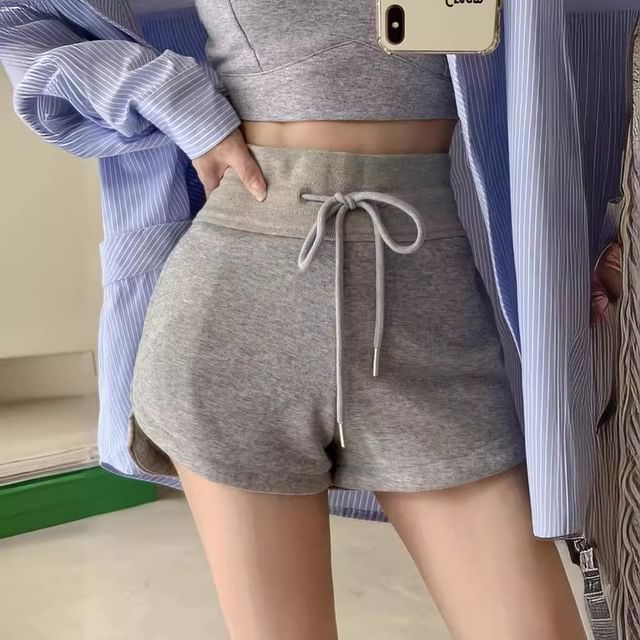 Dovitade-Drawstring Waist Plain Sweat Shorts