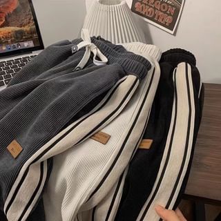 Jerolenea High-Waist Drawstring Applique Striped Sweatpants Sale