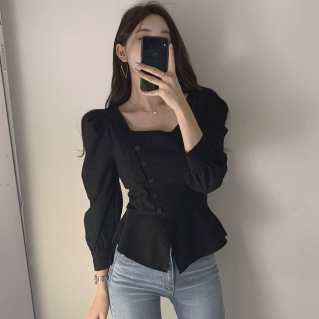 MIKIGA-Long-Sleeve Square Neck Plain Blouse