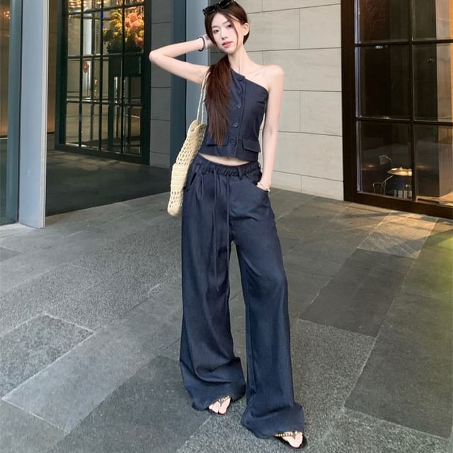 Beem-One-Shoulder Asymmetrical Button-Up Plain Crop Vest Drawstring Waist Wide Leg Pants