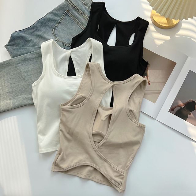 DIYI-Scoop Neck Asymmetrical Open Back Padded Tank Top