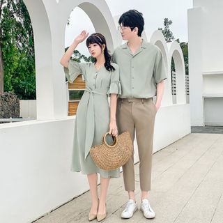 NoonSun Couple Matching Short Sleeve Shirt Pants 3 4 Midi A Line