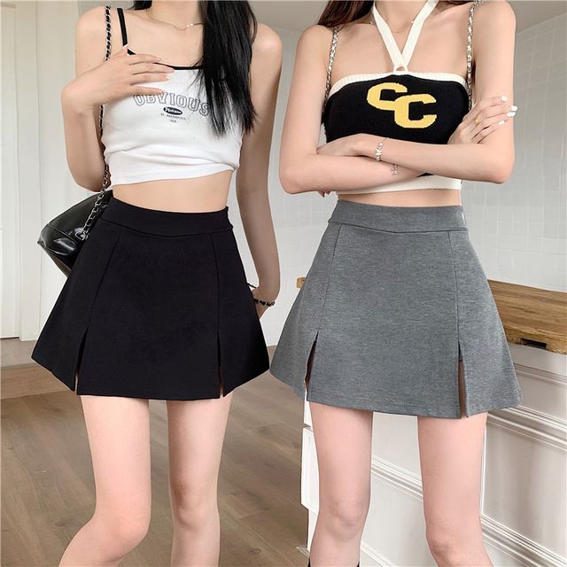 Everose-High Waist Plain Mini A-Line Skirt