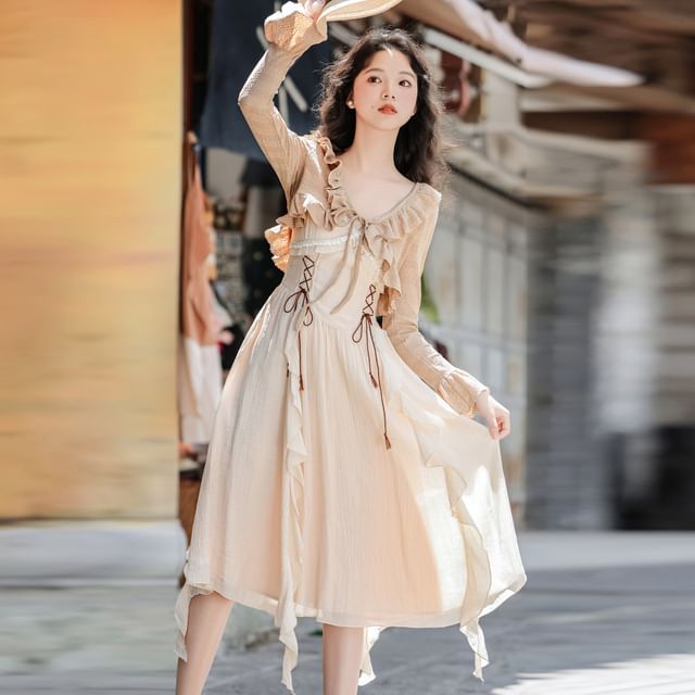 Long-Sleeve Frill Trim Shrug / Spaghetti Strap Lace-Up Midi A-Line Dress