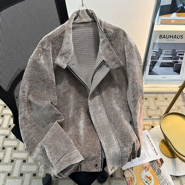 Plummie-Stand Collared Plain Textured Oversized Zip Jacket