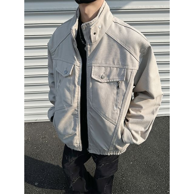 Plummie-Stand Collar Drop Shoulder Plain Oversized Zip Up Jacket