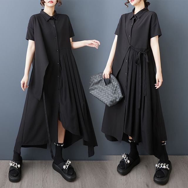 Lewwe-Short Sleeve Collared Plain Asymmetrical Pleated Mock Two Piece Midi A-Line Shirt Dress