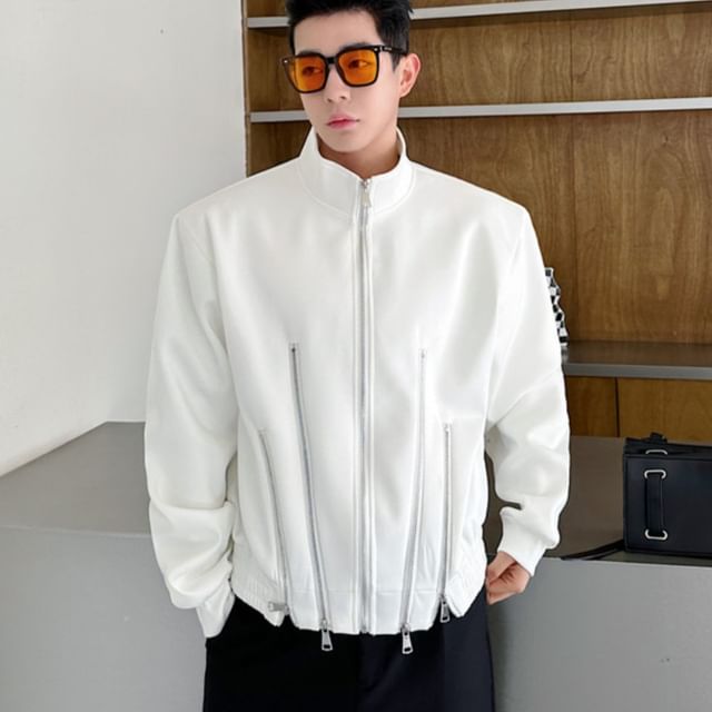 Freehop-Stand Collar Plain Zip-Up Jacket