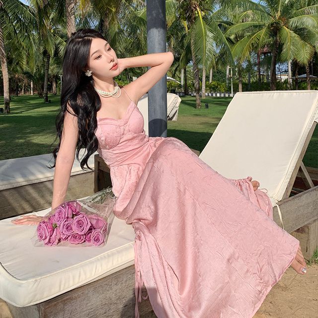 Moanum Spaghetti Strap Plain Drawstring Maxi A-Line Dress YesStyle