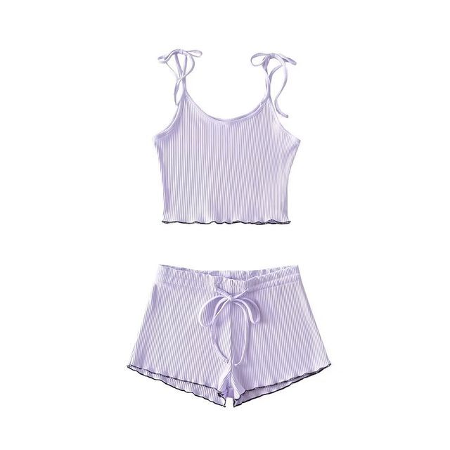 Malodie-Pajama Set Plain Lettuce Edge Cropped Camisole Top Shorts