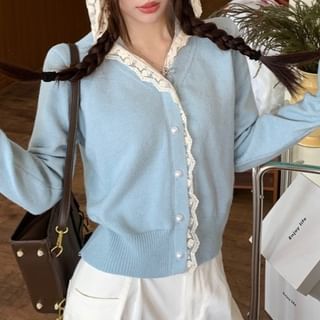 Allinya-Plain Hooded Lace Trim Cardigan