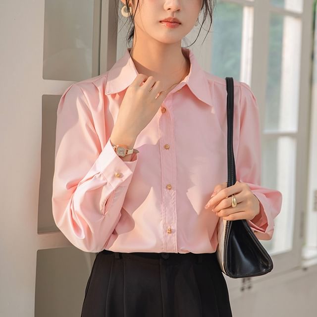 Sienne-Long Sleeve Collared Plain Shirt