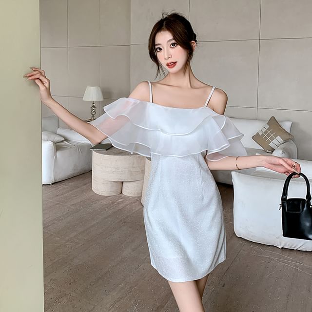 Sienne - Elbow-Sleeve Square Neck Cold Shoulder Glitter Ruffle Mini A-Line  Dress | YesStyle