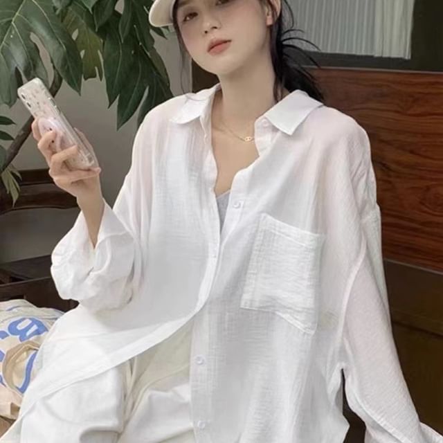 innomori-Long-Sleeve Button-Up Plain Sheer Shirt