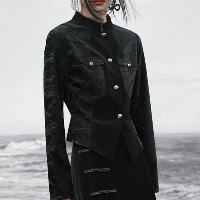 Nekomata-Stand Collar Plain Panel Faux Leather Button Jacket
