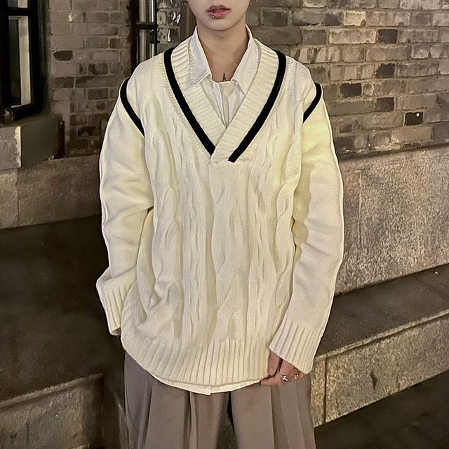 DragonRoad-V-Neck Striped Cable Knit Sweater