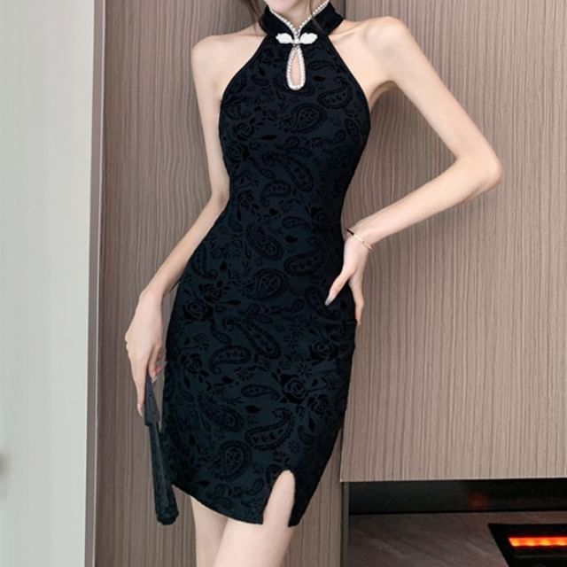 Miusee - Halter Neck Stand Collar Paisley Jacquard Faux Pearl Accent Cutout  Frog Buttoned Slit Mini Bodycon Dress