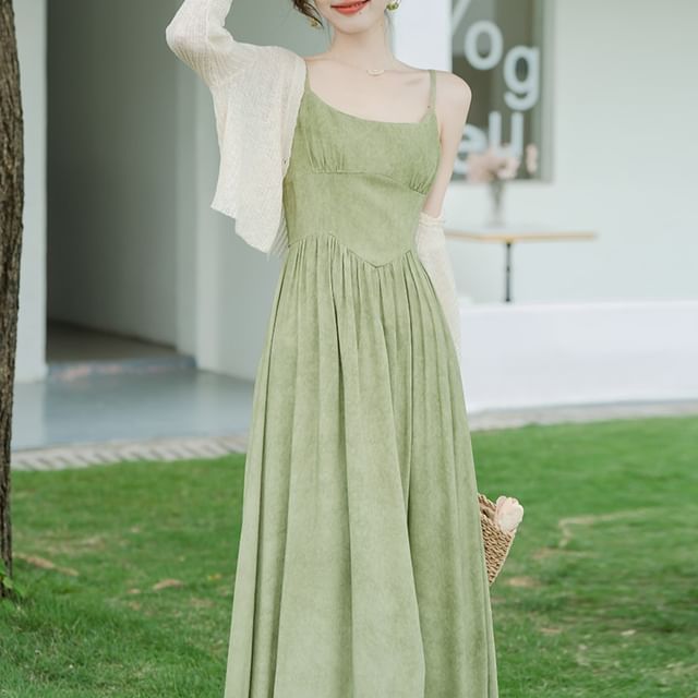 Nebbia-Spaghetti Strap Plain Maxi A-Line Dress Crop Light Jacket Set