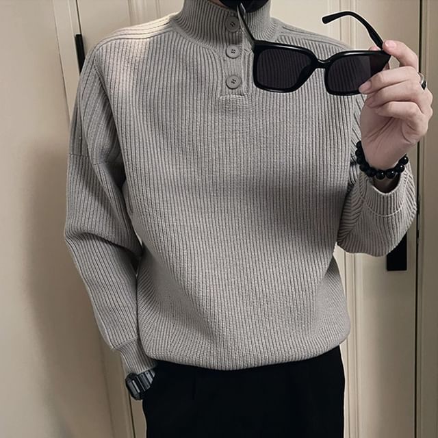Zentrus-Drop Shoulder Henley Neck Plain Oversized Sweater