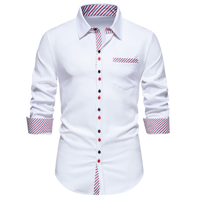 YIKES-Long-Sleeve Striped Panel Button-Up Shirt