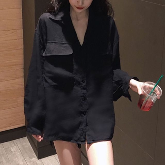 Ukiyo-Long-Sleeve Plain Button-Up Shirt