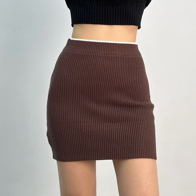 Tiny House High Waist Contrast Trim Ribbed Knit Mini Pencil