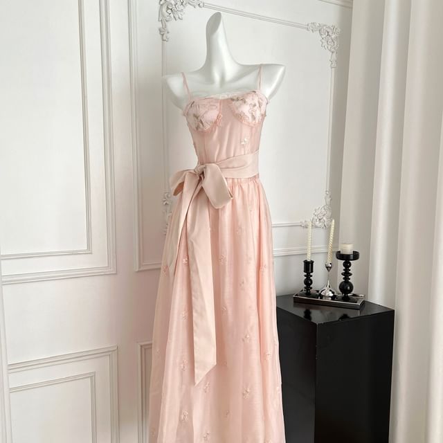 Lucuna-Spaghetti Strap Embroidered Sequin Tie Waist Open Back Maxi A-Line Dress